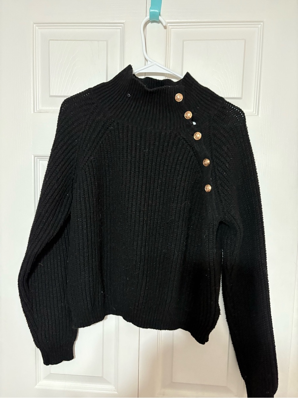 SHEIN Black Ribbed Turtleneck Sweater with Gold Buttons